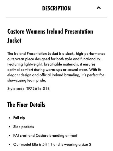 Brand New Castore Womens Ireland Presentation Jacket - Size - U.K.18 - Smaller Fit More A Size - U.K.16 - RRP - 75.00