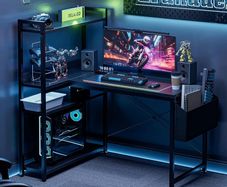 120x80 cm L Shaped Gaming Desk with Reversible Storage Shelves, Computer Desk Home Office Corner Study Writing Table with Hutch, Study, Black