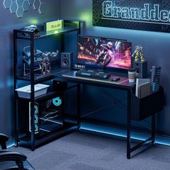 120x80 cm L Shaped Gaming Desk with Reversible Storage Shelves, Computer Desk Home Office Corner Study Writing Table with Hutch, Study, Black