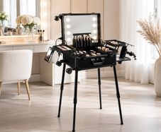 Professional Makeup Train Case with LED Lighted Mirror, Lockable Cosmetic Trolley, Portable