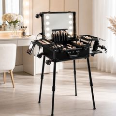 Professional Makeup Train Case with LED Lighted Mirror, Lockable Cosmetic Trolley, Portable