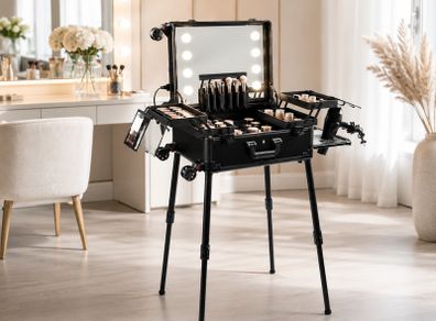 Professional Makeup Train Case with LED Lighted Mirror, Lockable Cosmetic Trolley, Portable
