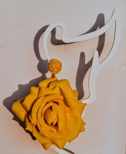 Realistic Yellow Extravagant Rose with Raffia Woven Stud Earrings