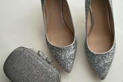 Silver Nine West heels size 6 (39) with matching clutch