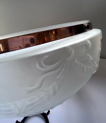 Vintage Art Deco Fluted White Opaque Glass and Copper Ceiling Light