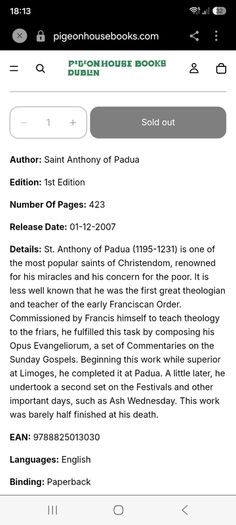 Rare Find St Anthony of Pauda. Sermons for Sundays and Festivals. Vol I. Religious. Short print run.