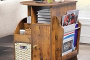 Rotating End Table with Storage, Rotating Side Table Living Room, Side Table with Magazine Holder, Basket and Cabinet, Sofa Side Farmhouse End Tables with Open Shelf (Rustic Brown)