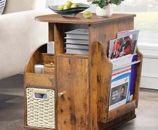 Rotating End Table with Storage, Rotating Side Table Living Room, Side Table with Magazine Holder, Basket and Cabinet, Sofa Side Farmhouse End Tables with Open Shelf (Rustic Brown)