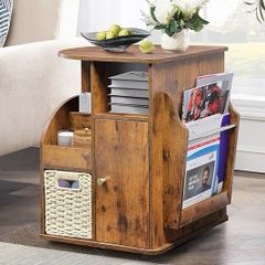 Rotating End Table with Storage, Rotating Side Table Living Room, Side Table with Magazine Holder, Basket and Cabinet, Sofa Side Farmhouse End Tables with Open Shelf (Rustic Brown)