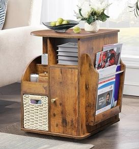 Rotating End Table with Storage, Rotating Side Table Living Room, Side Table with Magazine Holder, Basket and Cabinet, Sofa Side Farmhouse End Tables with Open Shelf (Rustic Brown)