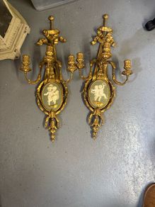 Pair of Adam Style Gilt Wall Sconces with Wedgwood Style Cameo Putti Panels  3 Arm