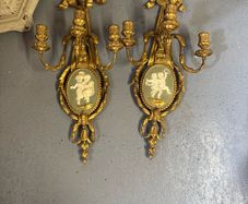 Pair of Adam Style Gilt Wall Sconces with Wedgwood Style Cameo Putti Panels  3 Arm