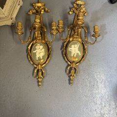 Pair of Adam Style Gilt Wall Sconces with Wedgwood Style Cameo Putti Panels  3 Arm