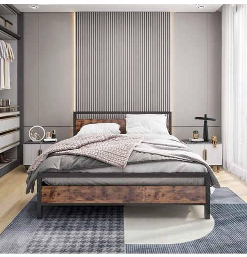 King Size Bed Frame with Wood Headboard,Heavy Duty Metal Platform