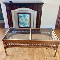 Large vintage rattan and wicker coffee table