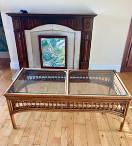 Large vintage rattan and wicker coffee table