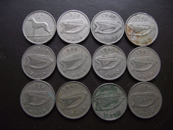 12 Irish 6 pence coins (1939-1949)
