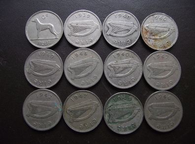 12 Irish 6 pence coins (1939-1949)