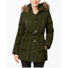 Michael Kors Belted Faux-Fur Hood Down Puffer Coat Jacket
