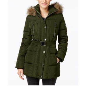 Michael Kors Belted Faux-Fur Hood Down Puffer Coat Jacket