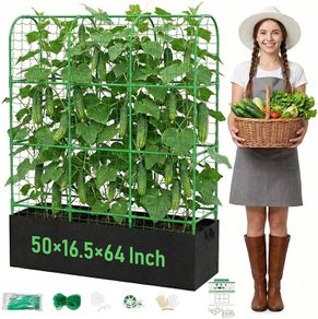 4 Arches Cucumber Trellis with Grow Bag 127/163CM Metal Trellis for Climbing Plants, Heavy Duty Garden Arch, Height Adjustable Plant Grow Support for Peas, Vegetables, Flowers, Fruit