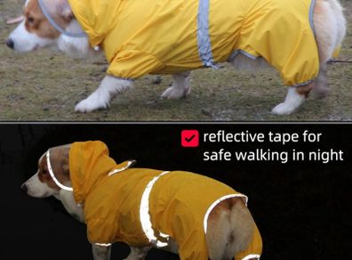 Dog Raincoat Waterproof Jacket with Hood & Collar Hole Transparent Brim,Ultra-Light Breathable Reflective Jumpsuit for Short-legged Dogs Corgi Dachshund xs,s,m,L,XL