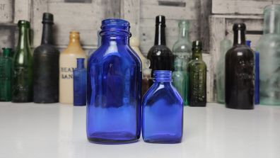 393 - Set of Two Beautiful Vintage Cobalt Blue Glass Decorative Collectible Milk of Magnesia Bottles