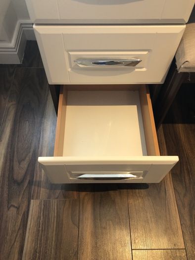 Cream and walnut vanity dresser with mirror