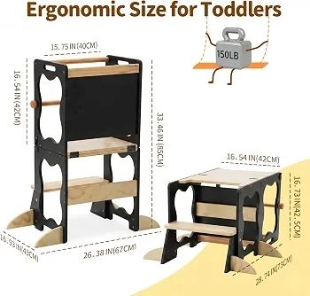 4-in-1 Toddler Standing Tower, Convertible Kids Kitchen Step Stool with Anti-Drop Safety Rail, Multi-Use Learning Helper Tower for Kitchen Counter, with Blackboard (Black & Natural)