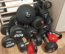 Used dumbbells, kettlebells and slam ball