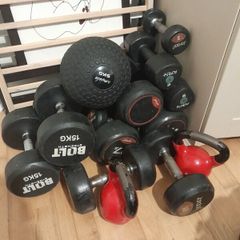 Used dumbbells, kettlebells and slam ball