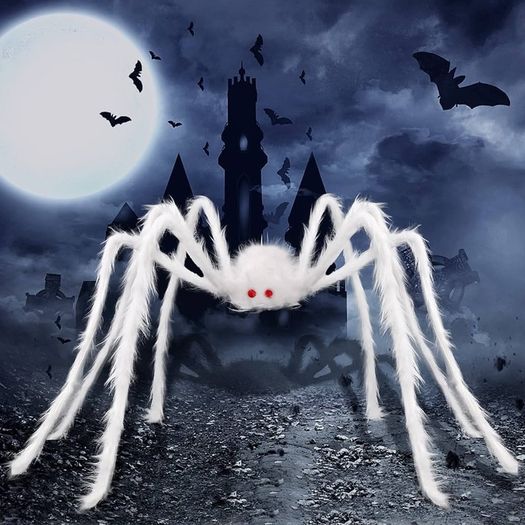 Halloween White Giant Spider, 150cm Hairy Spiders Halloween Realistic Large Fake Hairy Spider Props for Halloween Indoor Outdoor Decorations