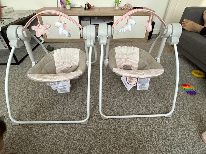 Two pieces of Ingenuity Comfort 2 Go Compact Portable 6 Speed Baby Swing with Music