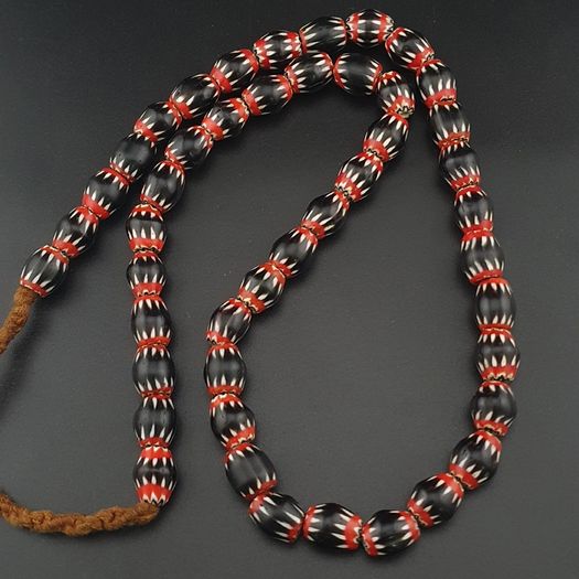 Antique Venetian Style Black Chevron Glass Beads Necklace Strand