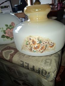 Vintage Milk Glass Shade features a Hand-Painted Floral Design with Sunflowers and Daisy,