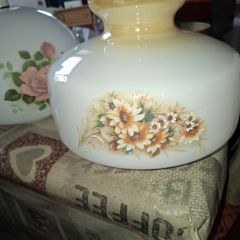Vintage Milk Glass Shade features a Hand-Painted Floral Design with Sunflowers and Daisy,
