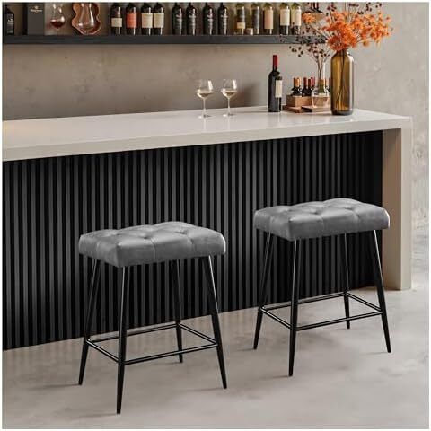Set of 2 Bar Stools, Bar Stools with Microfibre Leather, Retro Bar Stools with Footrest, Counter Stool, 62.5 cm High, Kitchen Stools Without Backrest for Bistro, Kitchen, Dining Room, Grey