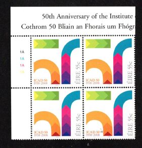 2008 Ireland 50th Anniversary of the Institute of Creative Advertising and Design Commemorative Stamp Plate Block 1A1A1A1A Mint Never Hinged (MNH)