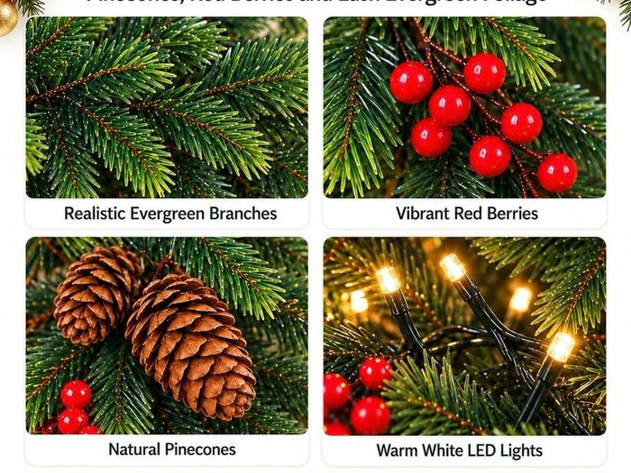 2Pack 2M Christmas Garland with 5m String Lights for Xmas Decoration Artificial Pine Garland with Red Berries & Pinecones with 8 Lighting Modes for Stairs, Fireplace, Indoor & Outdoor Decoration
