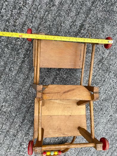 Vintage wooden doll high chair FROM THE 1930S featuring a built-in play tray with a wire bead