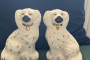 Pair Vintage Staffordshire Dogs Beswick Spaniels White &amp; Gold