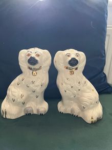 Pair Vintage Staffordshire Dogs Beswick Spaniels White & Gold