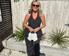 Black and white polka dot co ord top and trousers