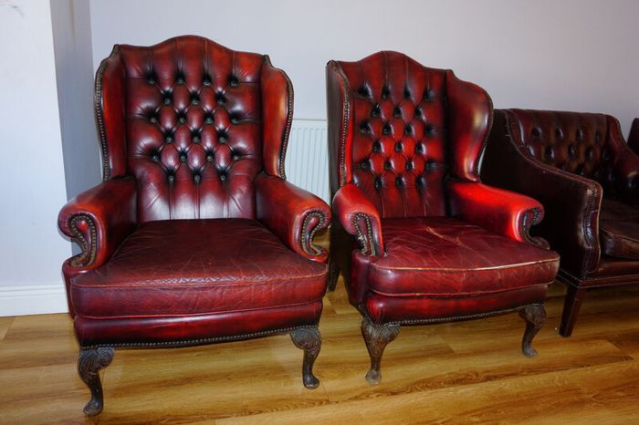 Millbrook Wingback Armchairs, Matching Pair c.1960s, Chesterfield styled in Red Oxblood Leather