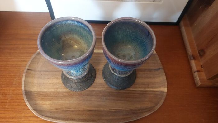 Wonderful Pair of Studio Art Pottery Goblets by Martin Branch Lyre Pottery, Cloncorban, Rossmore, Clonakilty, West Cork in a Fabulous Colourful Variegated Glaze. Pair Two