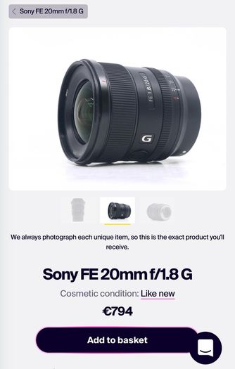 20mm f1.8 sony G e mount fe mint