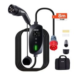 Mobile Wallbox, 11 kW 16A, Type 2 Portable EV Charger, 3 Phase Electric Vehicle Car Charger with 8 m Charging Cable, CEE16 Plug, LCD Screen, Adjustable EV Charging Station, IP66 Control Box