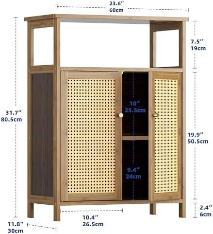 Rattan Bathroom Floor Cabinet, Bamboo Storage Cupboard with 2 Doors, Freestanding Living Room Sideboard, Space Saving Entryway Storage Unit, Walnut