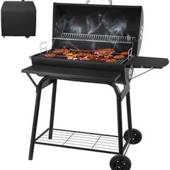 BBQ Grill Smoker With Side Shelves, Barbecue Garden Grill with Temperature Gauge, Outdoor Oil Drum Camping Barbeque Charcoal BBQ Barrel