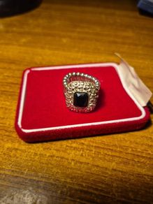 Vintage Silver Tone Metal Black Gemstone Stretch Ring